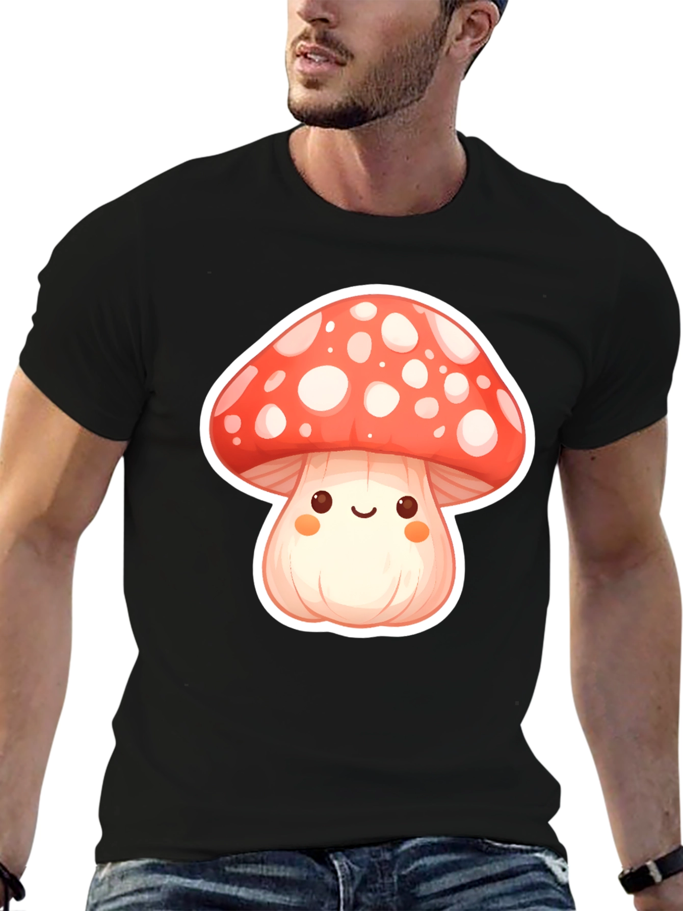 Camiseta Negra con Diseño de Hongo Kawaii