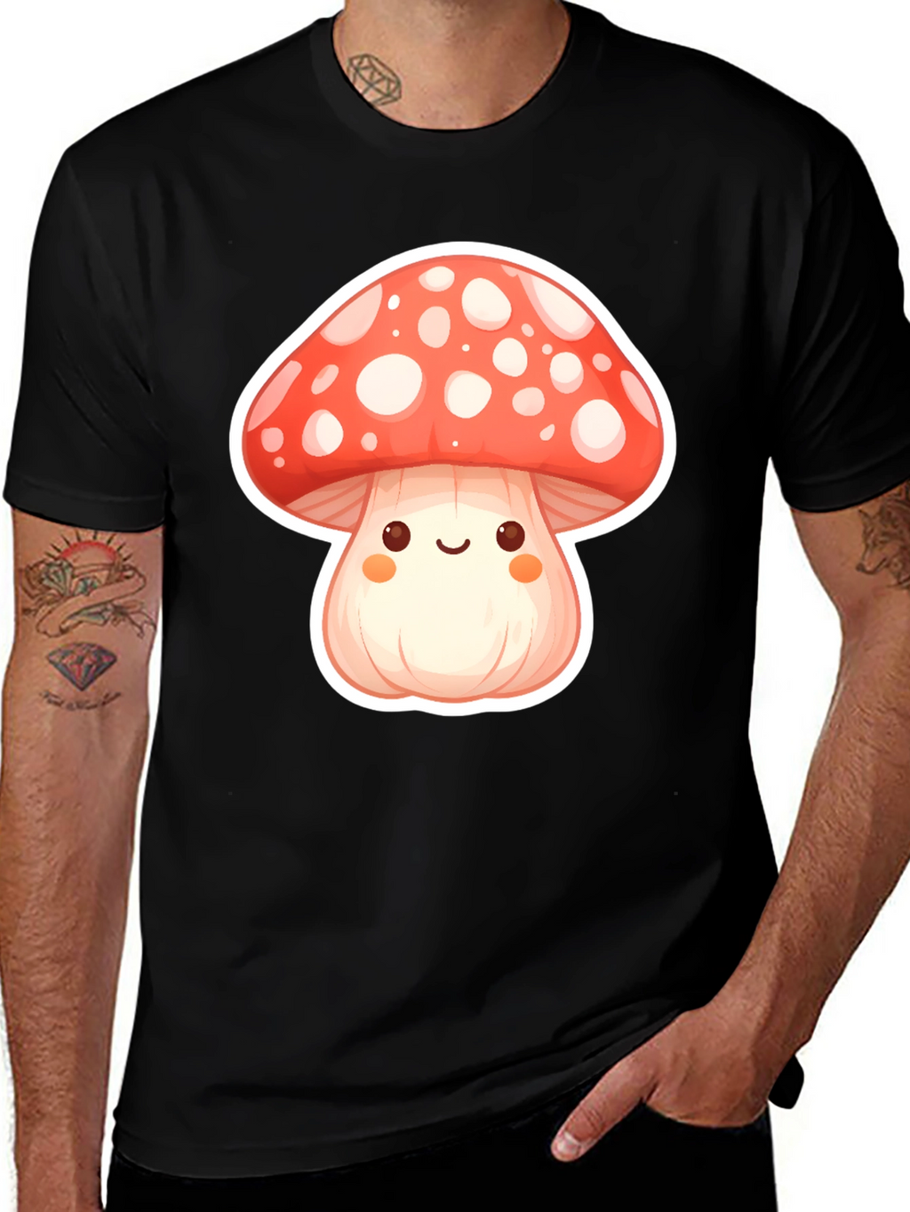 Camiseta Negra con Diseño de Hongo Kawaii