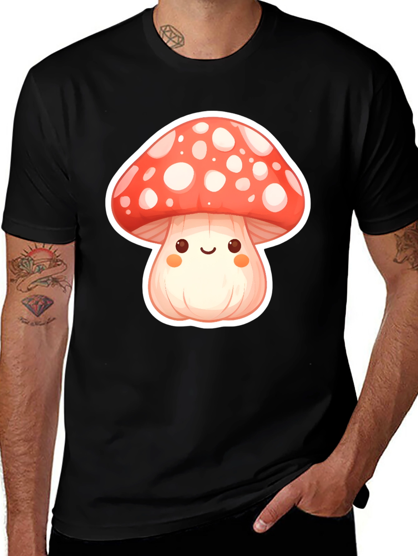 Camiseta Negra con Diseño de Hongo Kawaii
