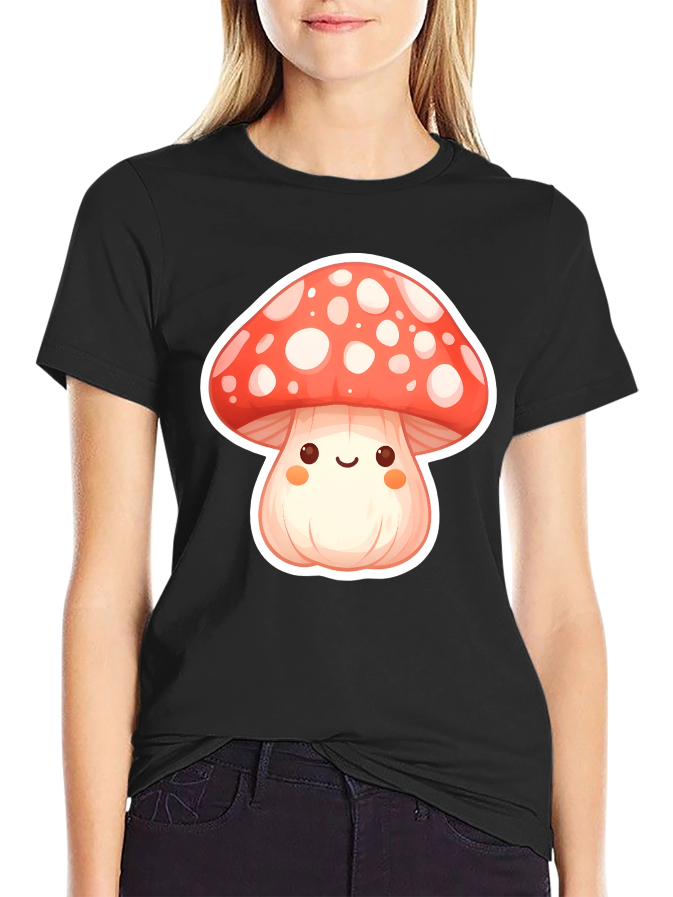 Camiseta Negra con Diseño de Hongo Kawaii