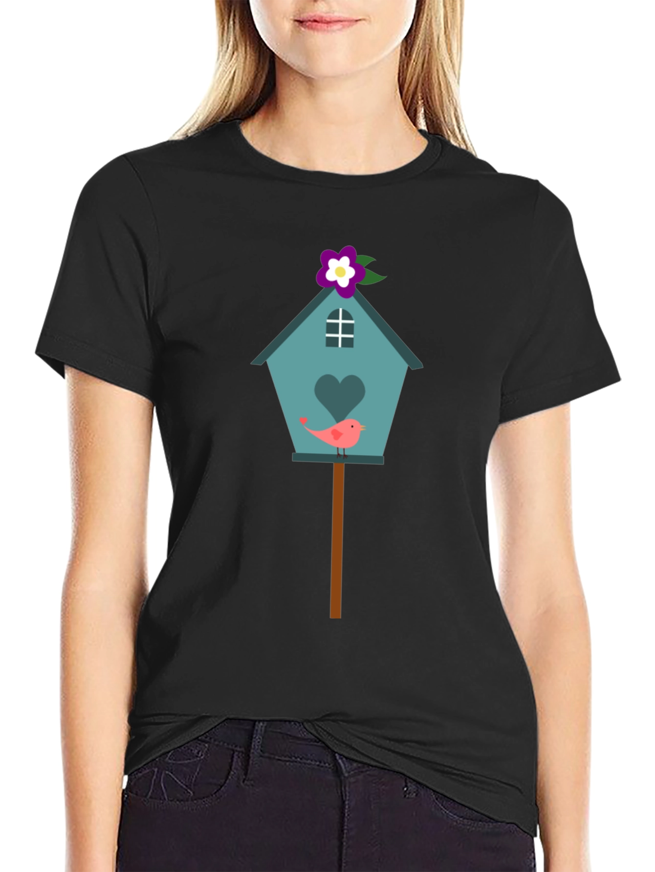 Camiseta Negra con Diseño de Casita de Pájaro