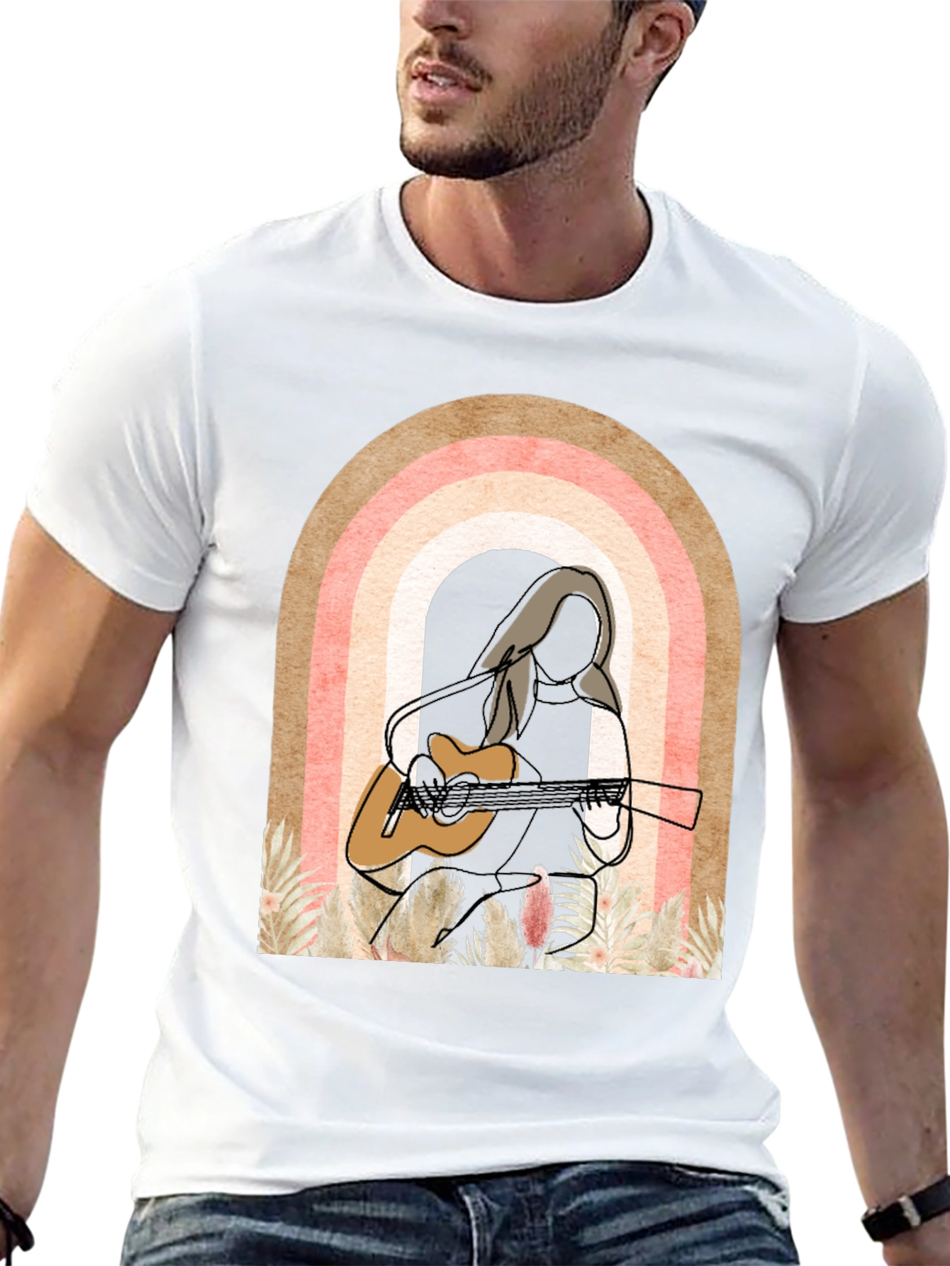 Camiseta Negra con Diseño de Arcoíris y Guitarra