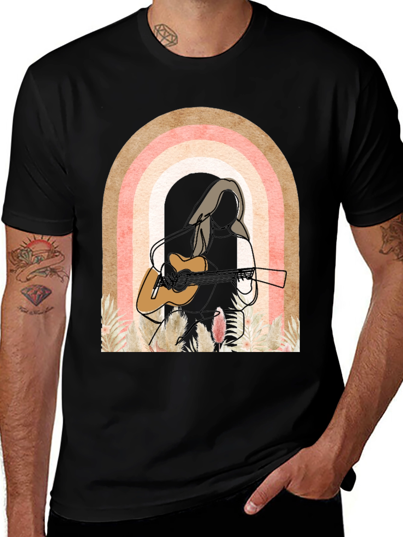 Camiseta Negra con Diseño de Arcoíris y Guitarra