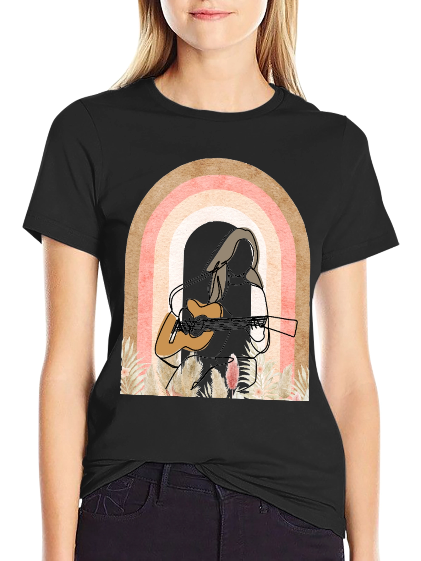 Camiseta Negra con Diseño de Arcoíris y Guitarra