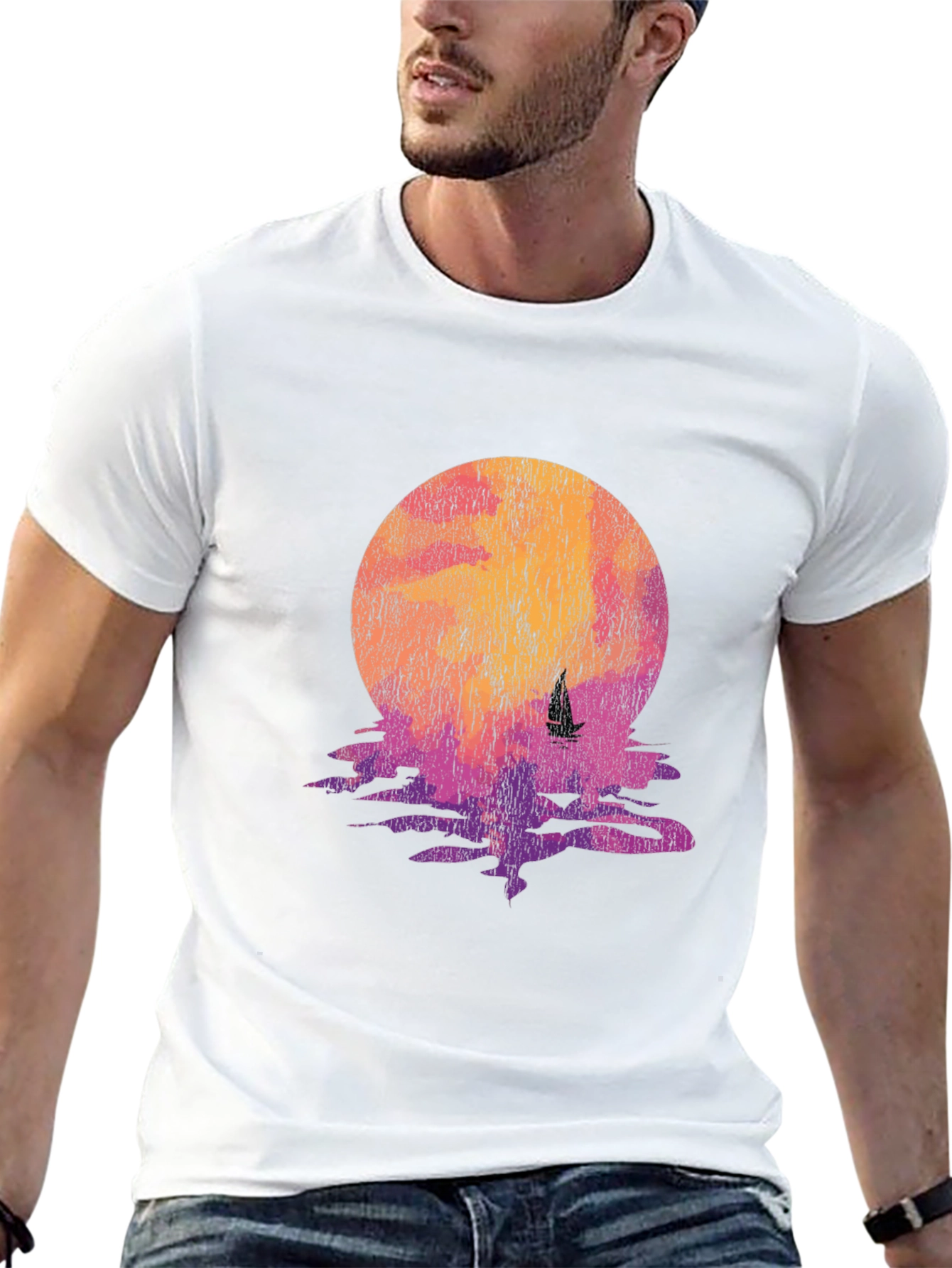 Camiseta Negra con Diseño de Atardecer y Velero