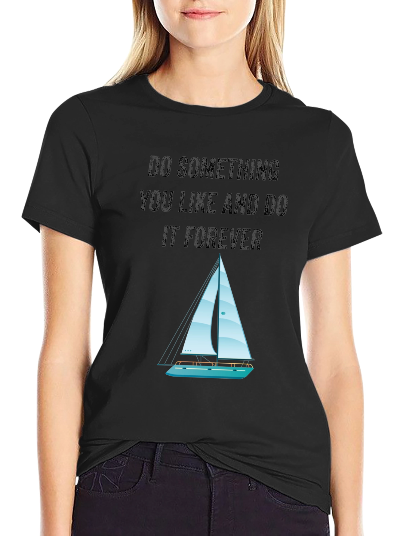 Camiseta Negra con Diseño de Barco y Frase Inspiradora
