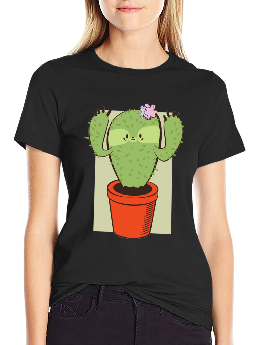 Camiseta Negra con Diseño de Cactus Perezoso