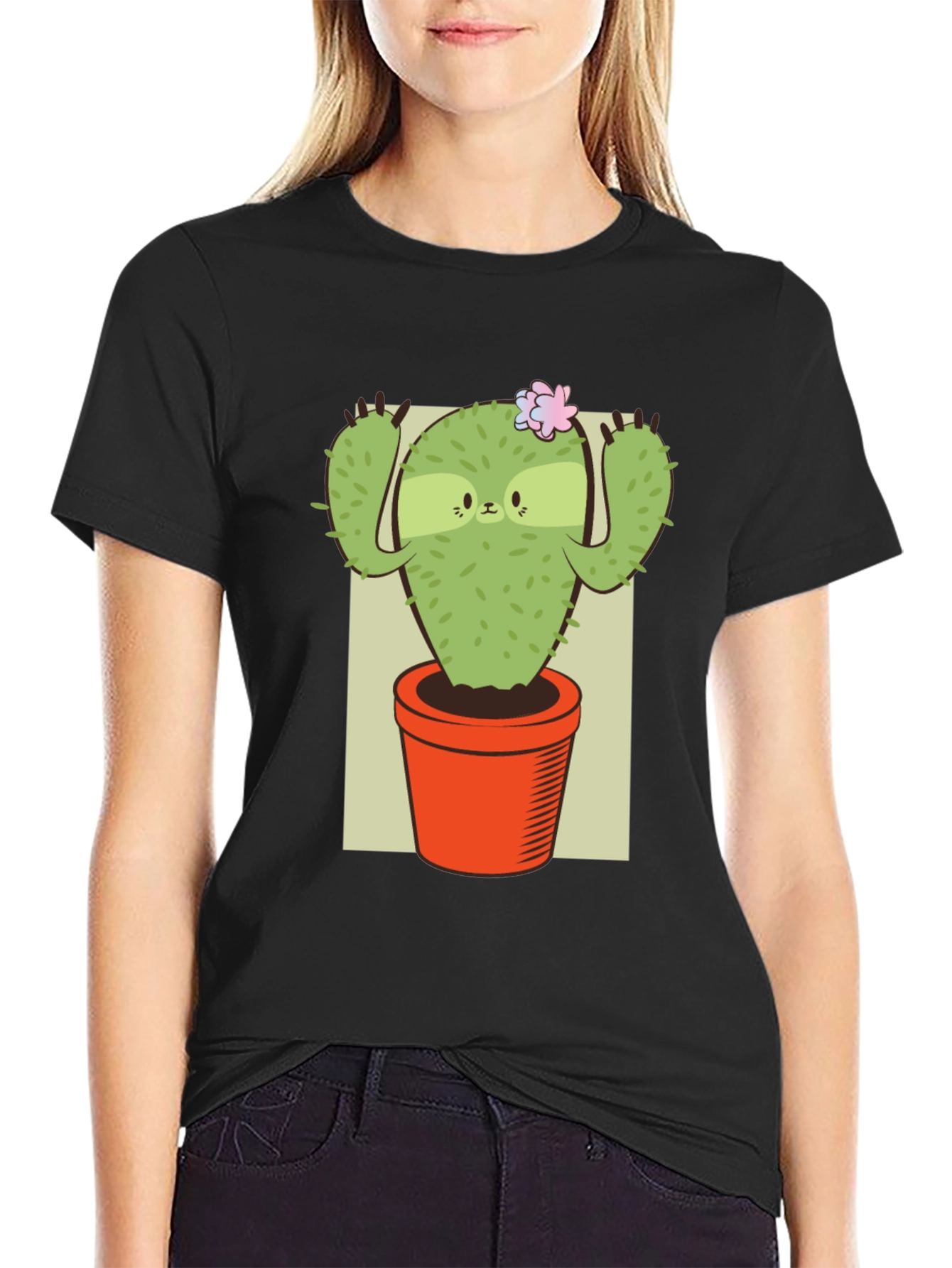 Camiseta Negra con Diseño de Cactus Perezoso