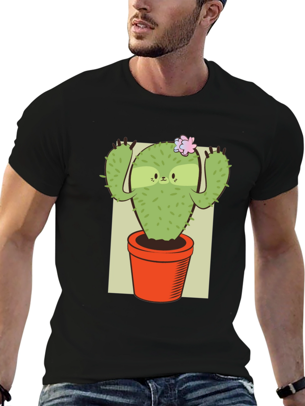 Camiseta Negra con Diseño de Cactus Perezoso