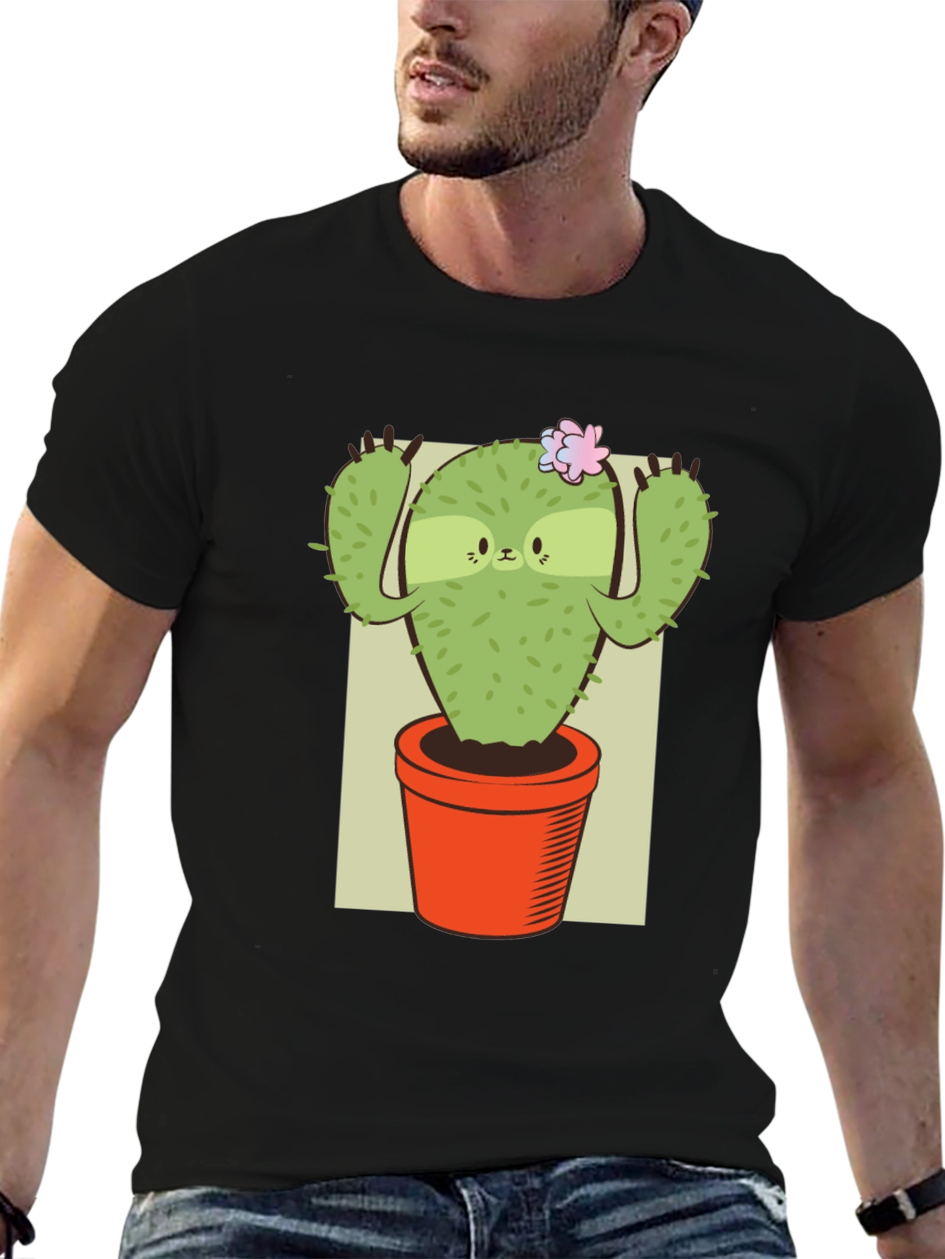 Camiseta Negra con Diseño de Cactus Perezoso