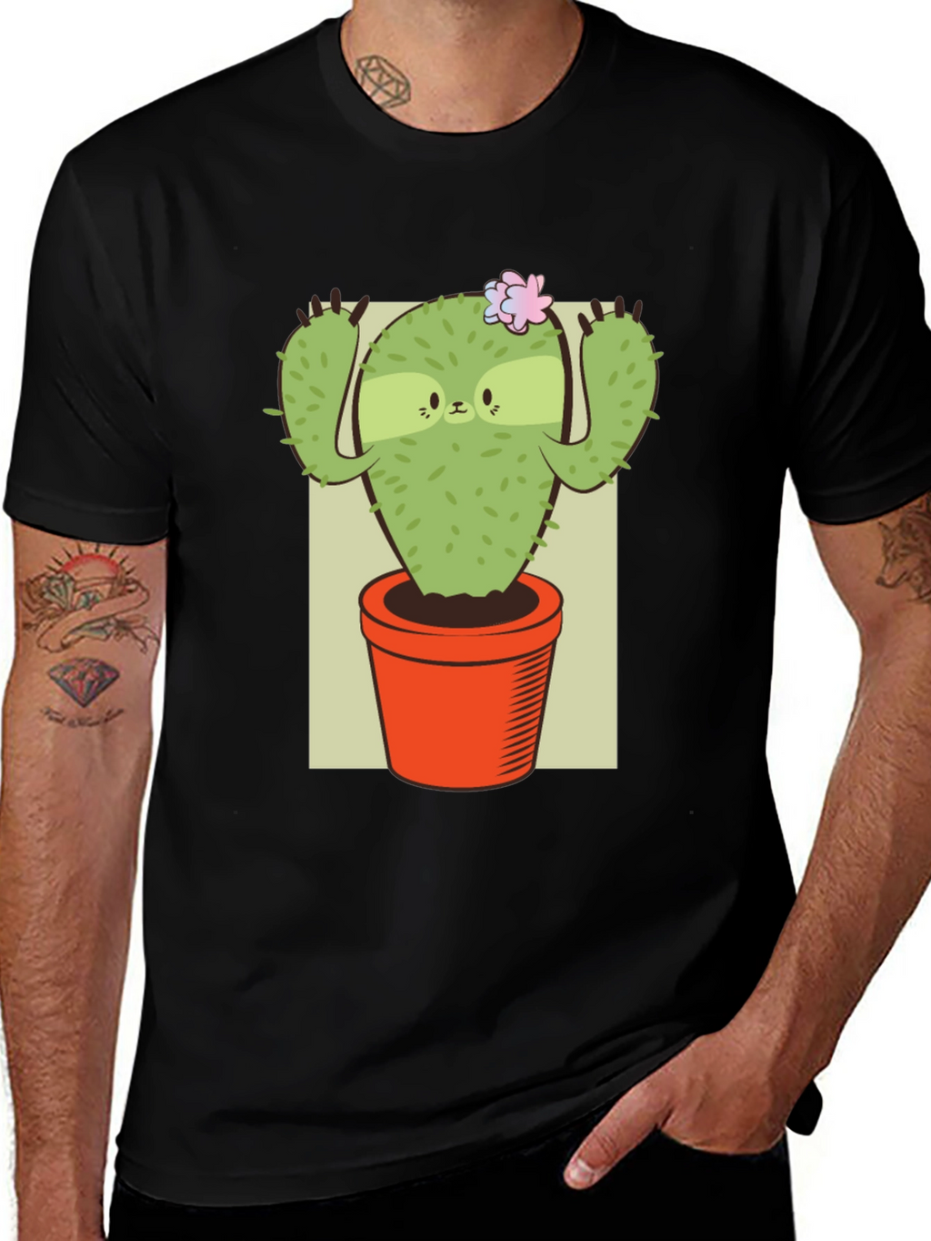 Camiseta Negra con Diseño de Cactus Perezoso