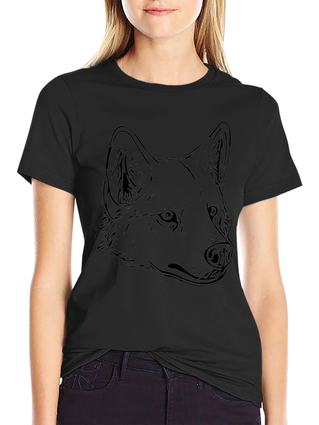 Camiseta Negra con Diseño de Cabeza de Lobo