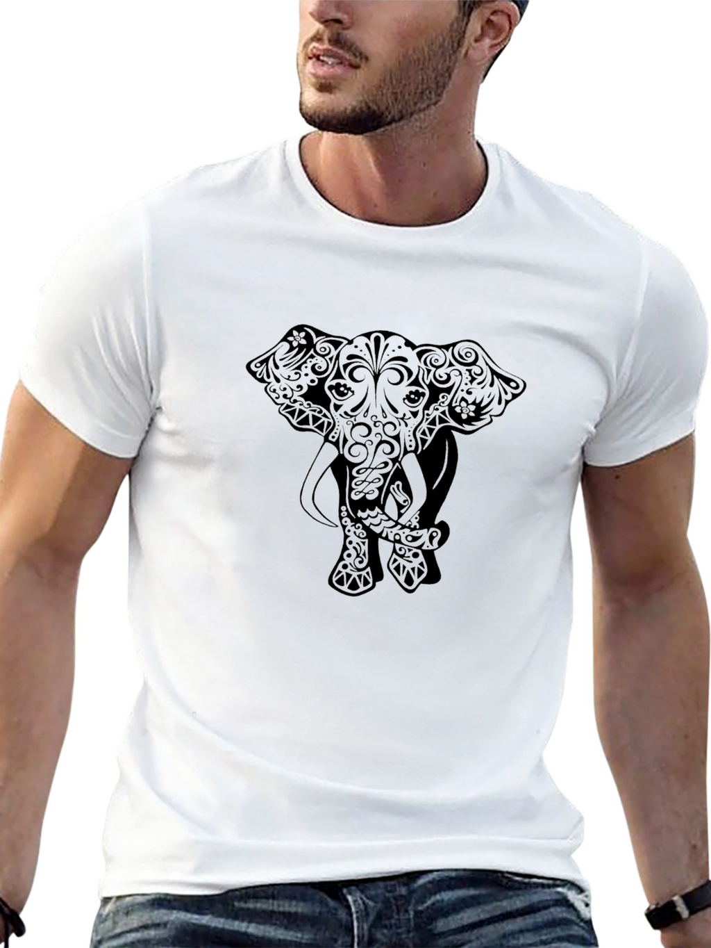Camiseta Negra con Diseño de Elefante Estilizado