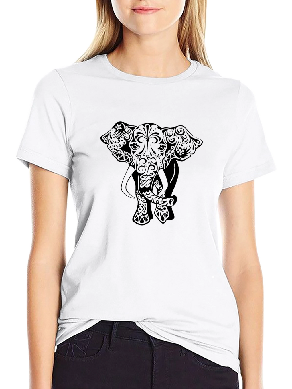 Camiseta Negra con Diseño de Elefante Estilizado