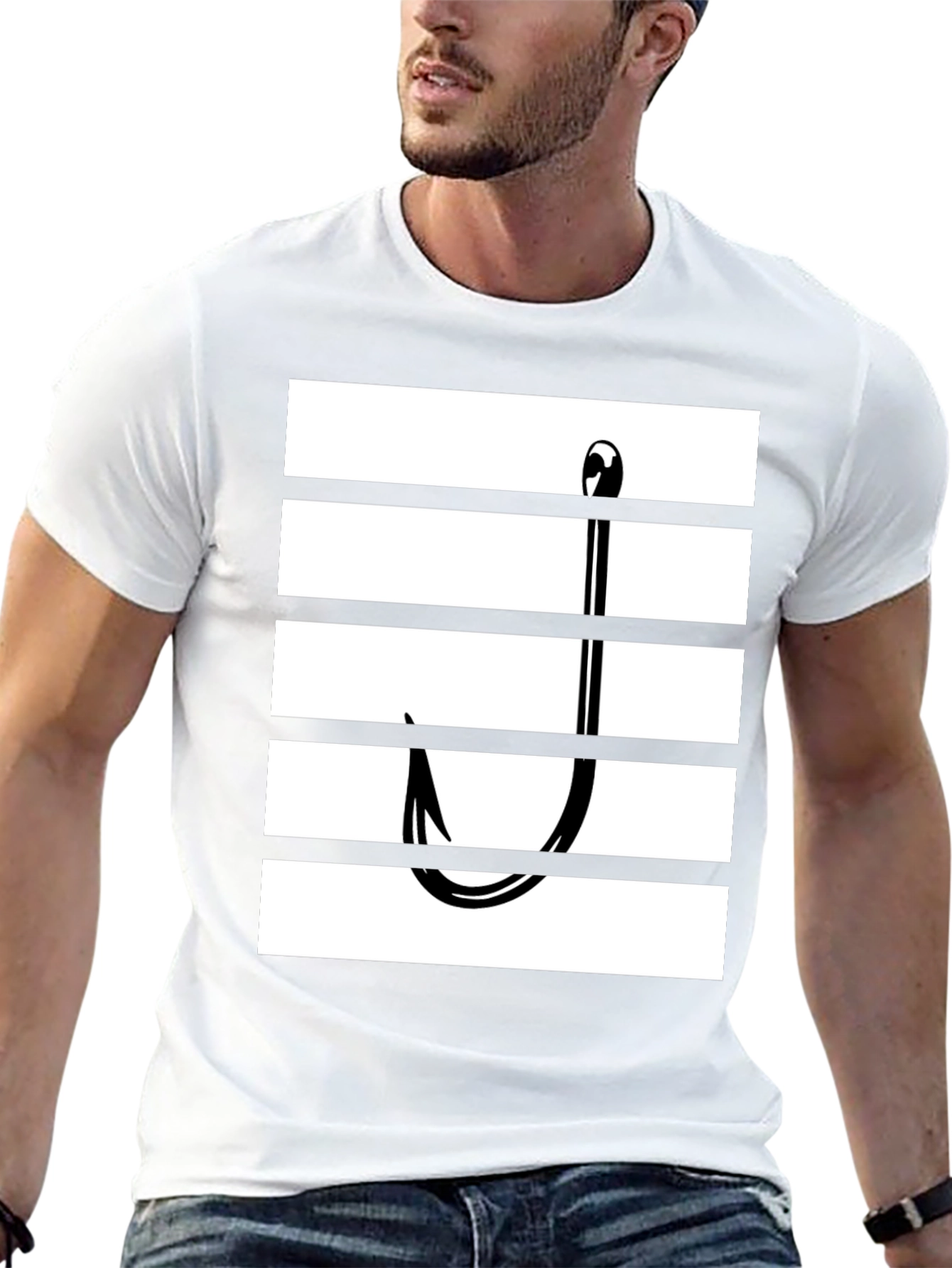 Camiseta Negra con Diseño de Anzuelo Rayado para Pesca