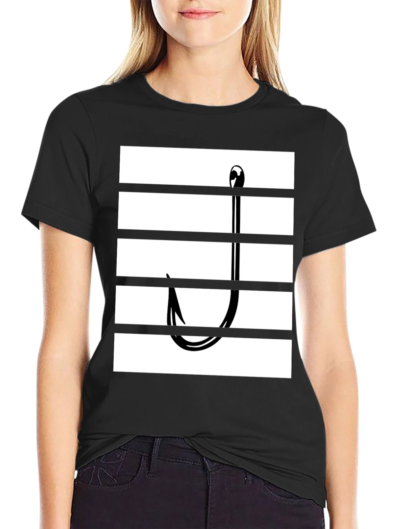 Camiseta Negra con Diseño de Anzuelo Rayado para Pesca