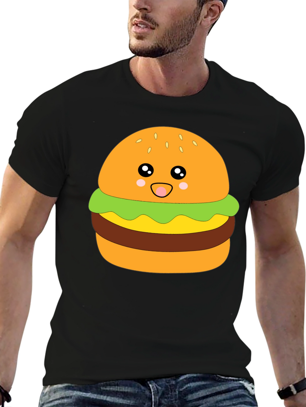 Camiseta Negra con Diseño de Hamburguesa Kawaii