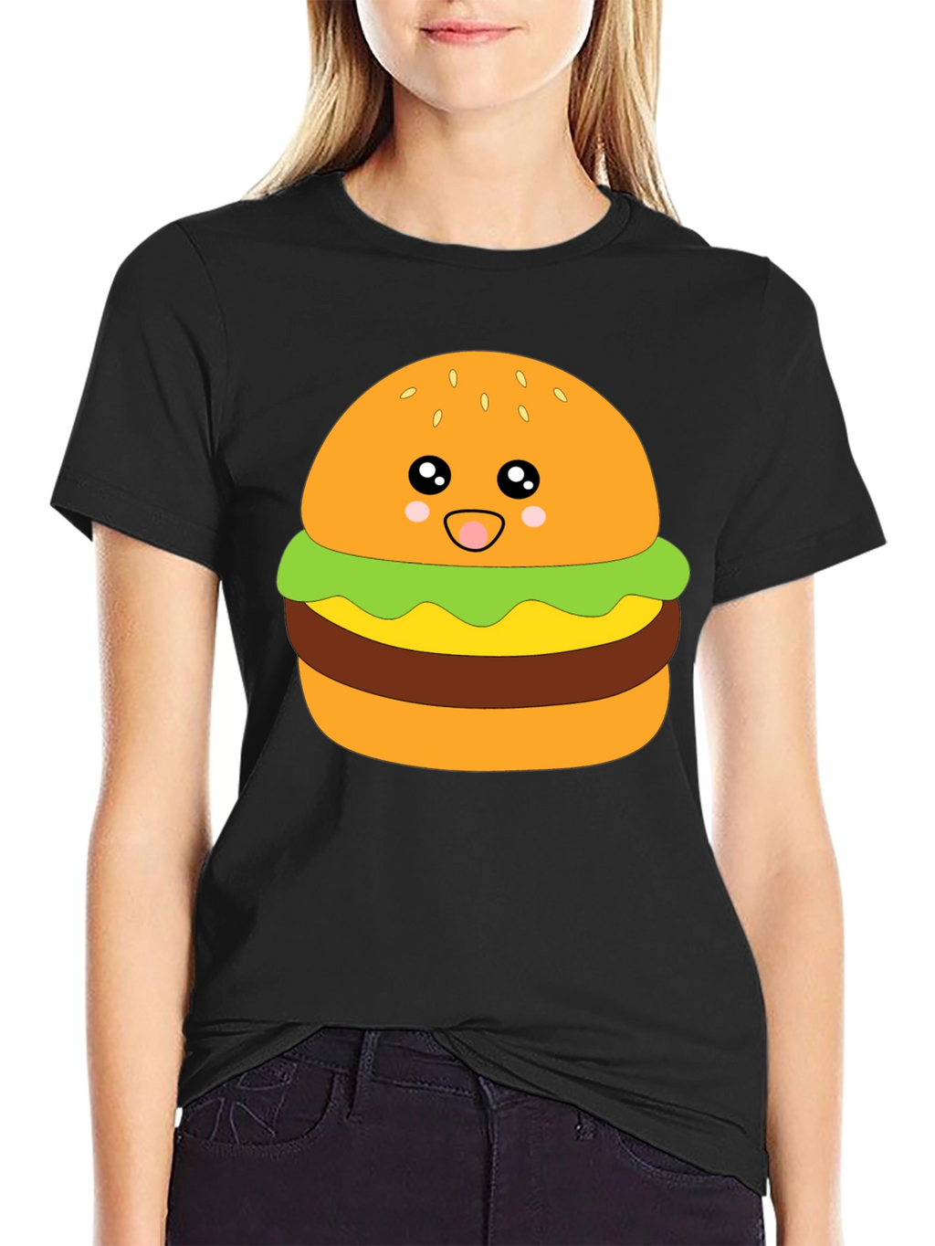 Camiseta Negra con Diseño de Hamburguesa Kawaii