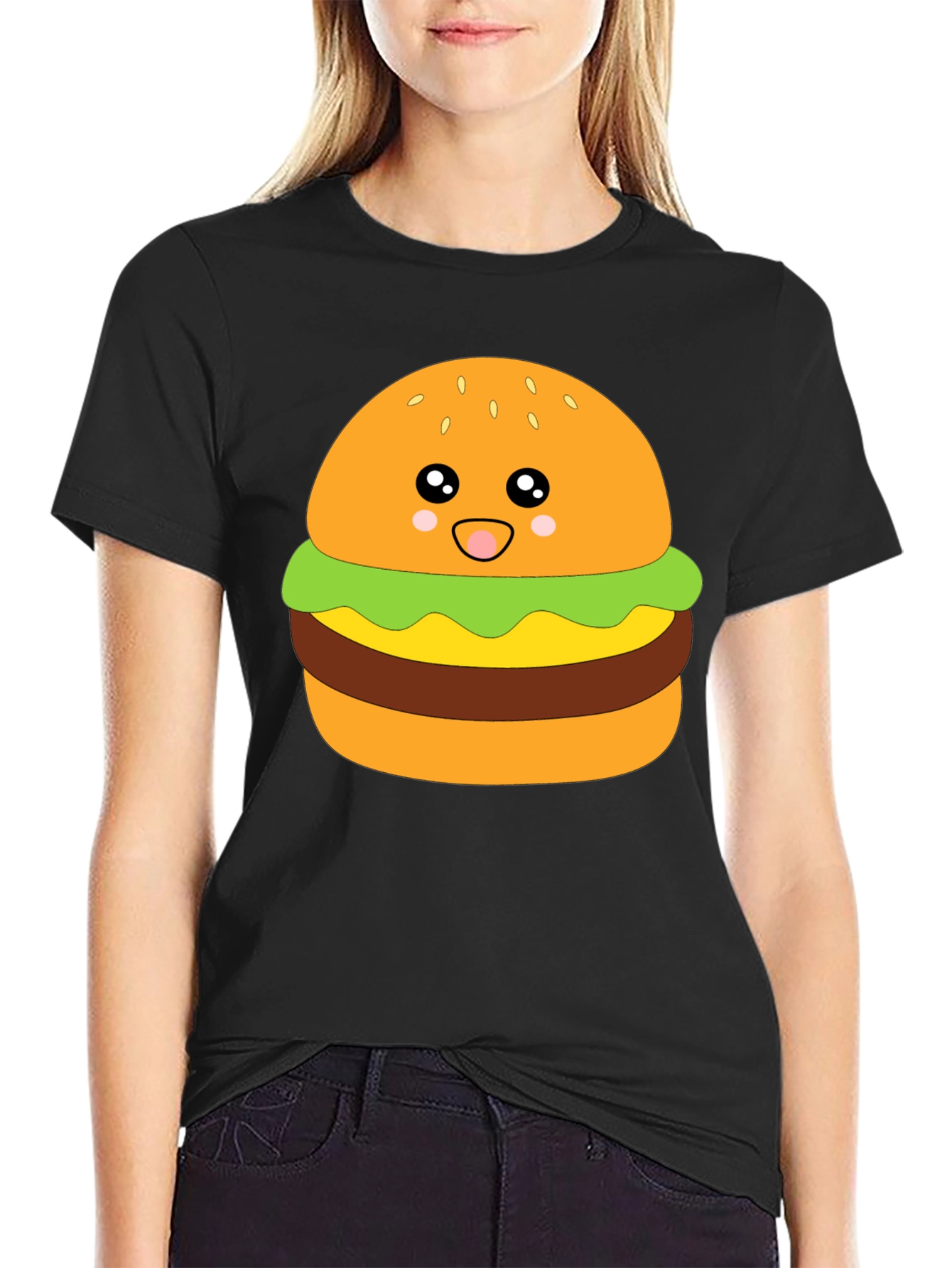 Camiseta Negra con Diseño de Hamburguesa Kawaii