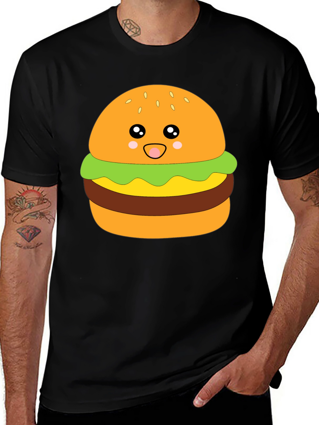 Camiseta Negra con Diseño de Hamburguesa Kawaii