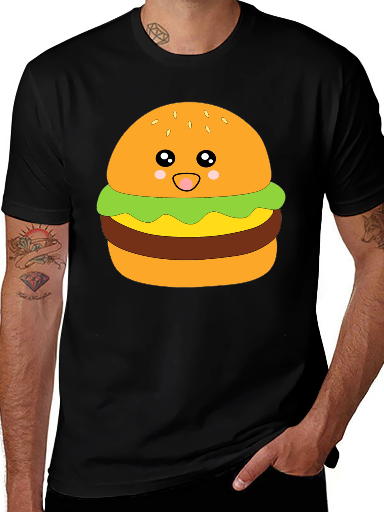 Camiseta Negra con Diseño de Hamburguesa Kawaii