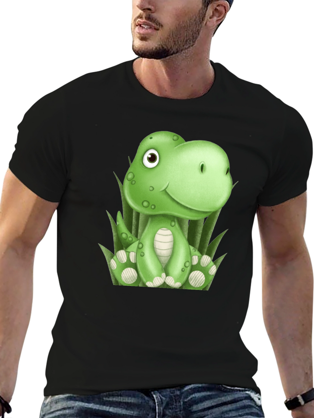 Camiseta Negra con Diseño de Dinosaurio Verde