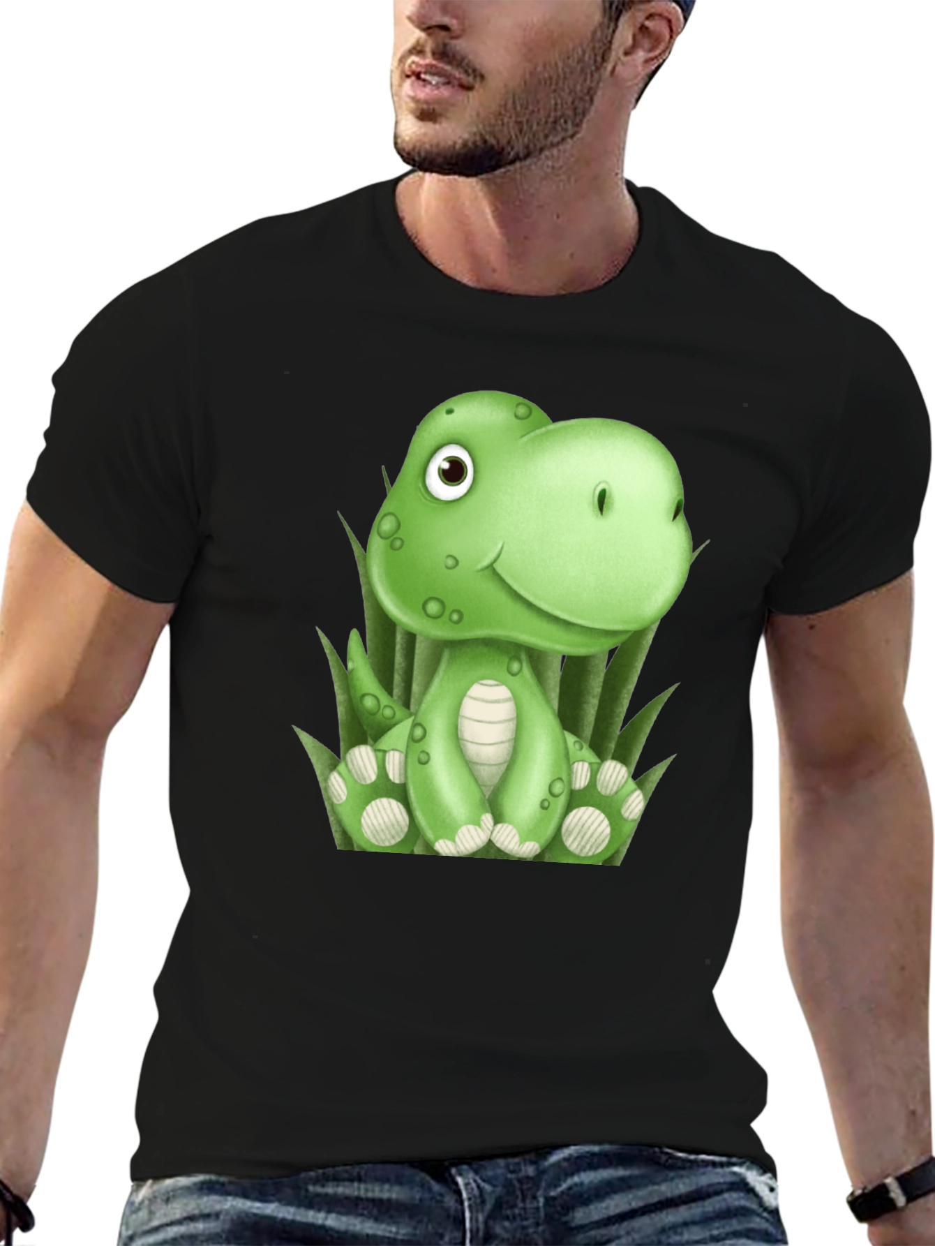 Camiseta Negra con Diseño de Dinosaurio Verde