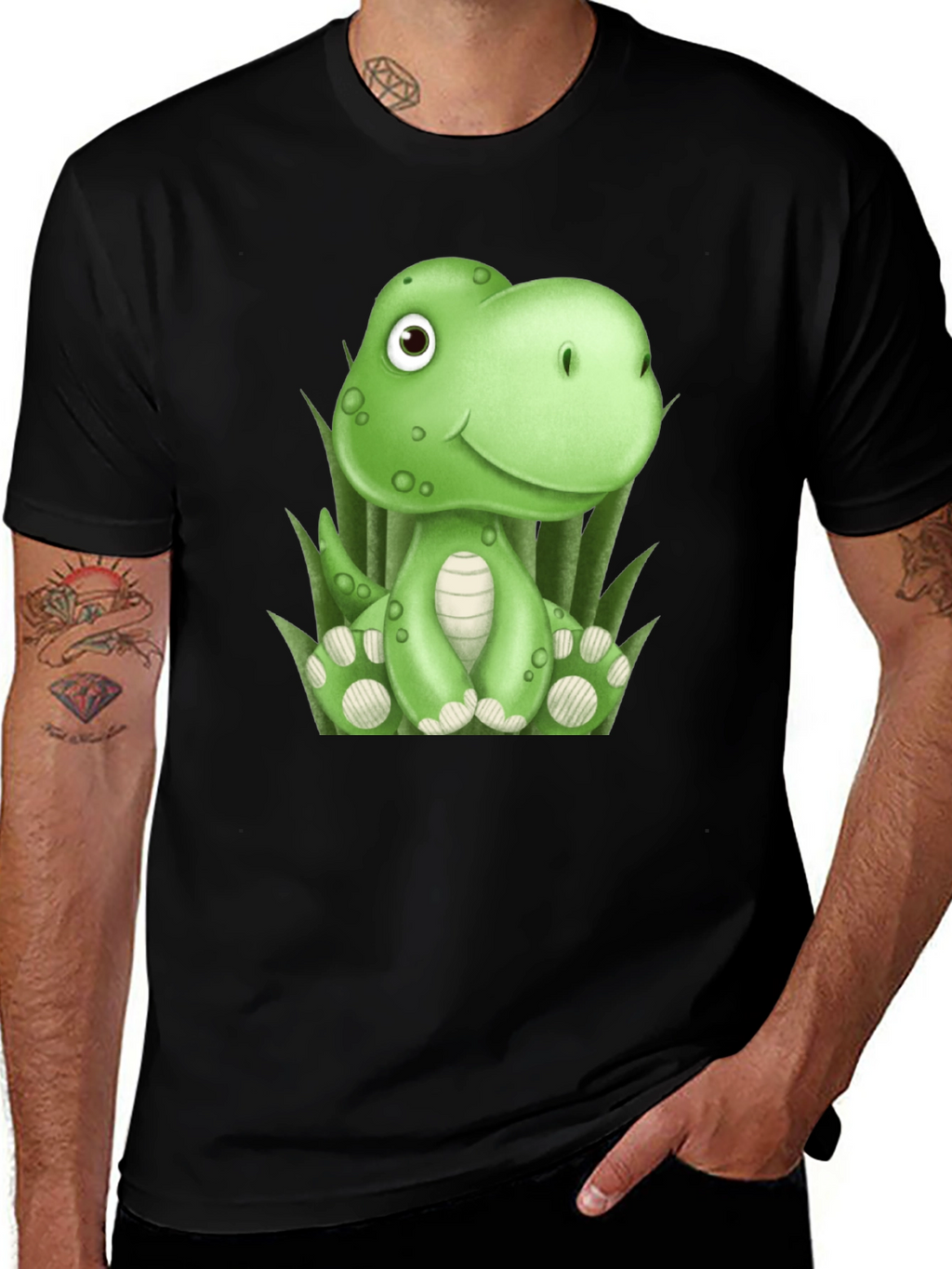 Camiseta Negra con Diseño de Dinosaurio Verde