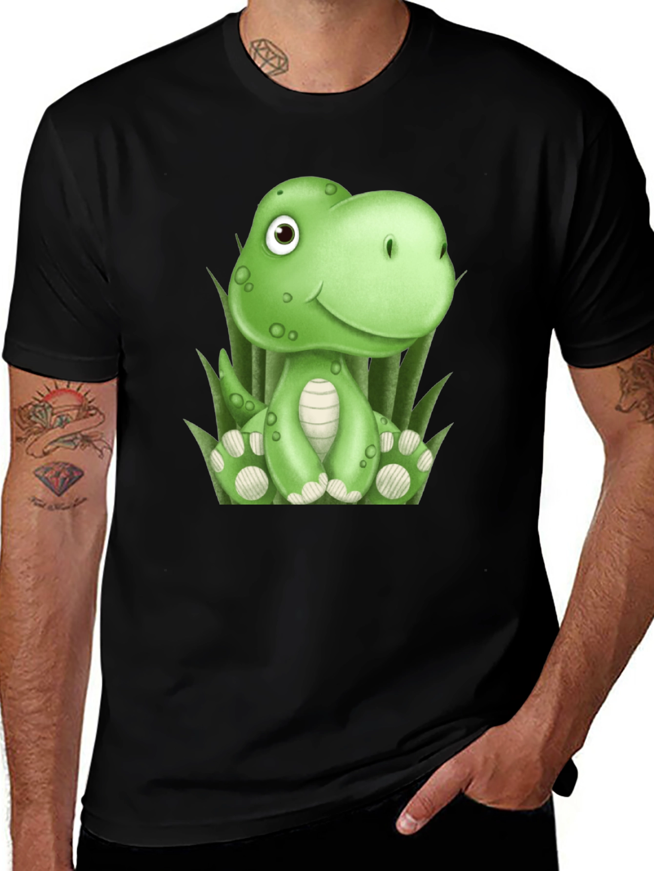 Camiseta Negra con Diseño de Dinosaurio Verde