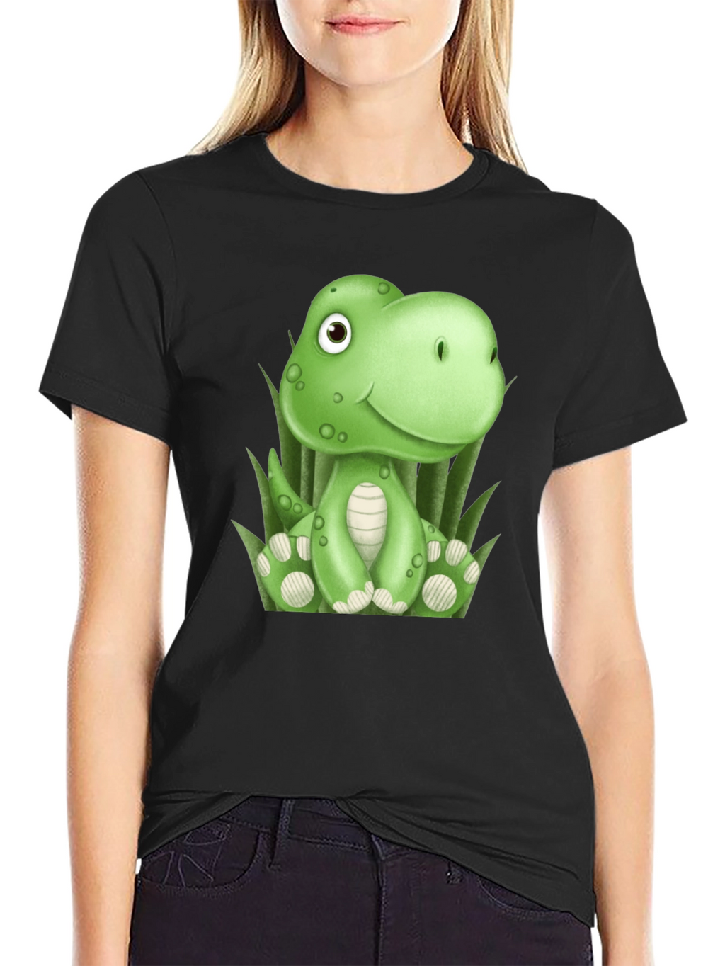 Camiseta Negra con Diseño de Dinosaurio Verde