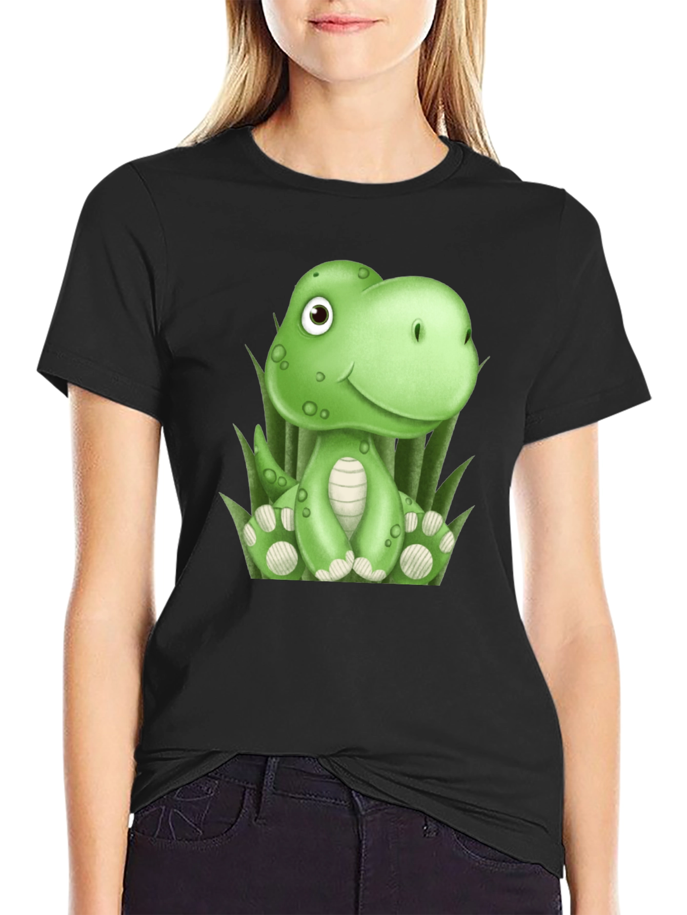 Camiseta Negra con Diseño de Dinosaurio Verde