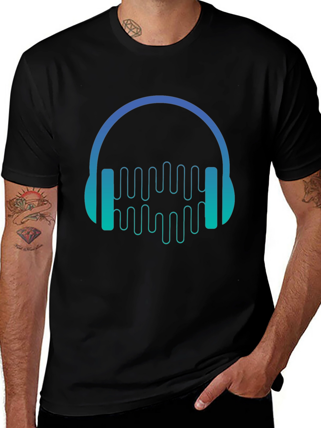 Camiseta Negra con Diseño de Auriculares Musicales