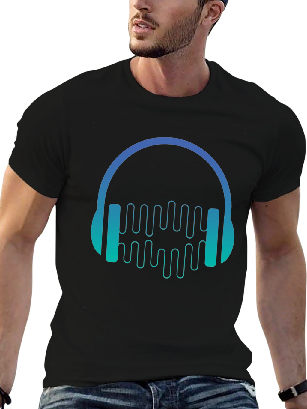 Camiseta Negra con Diseño de Auriculares Musicales