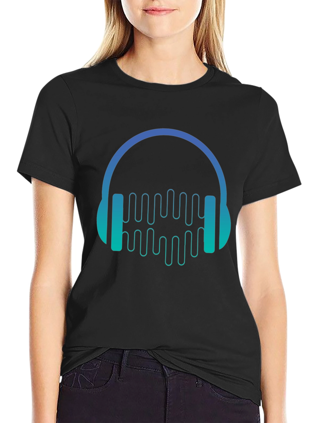 Camiseta Negra con Diseño de Auriculares Musicales