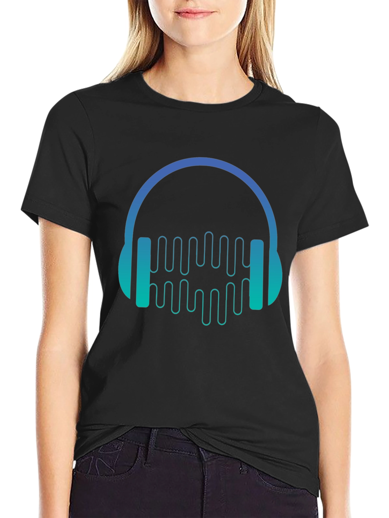 Camiseta Negra con Diseño de Auriculares Musicales