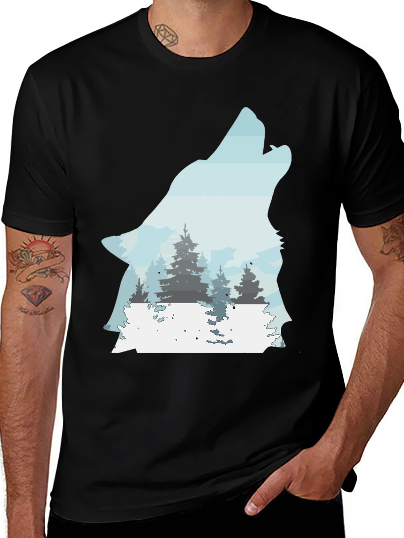 Camiseta Negra con Diseño de Lobo Aullando al Bosque