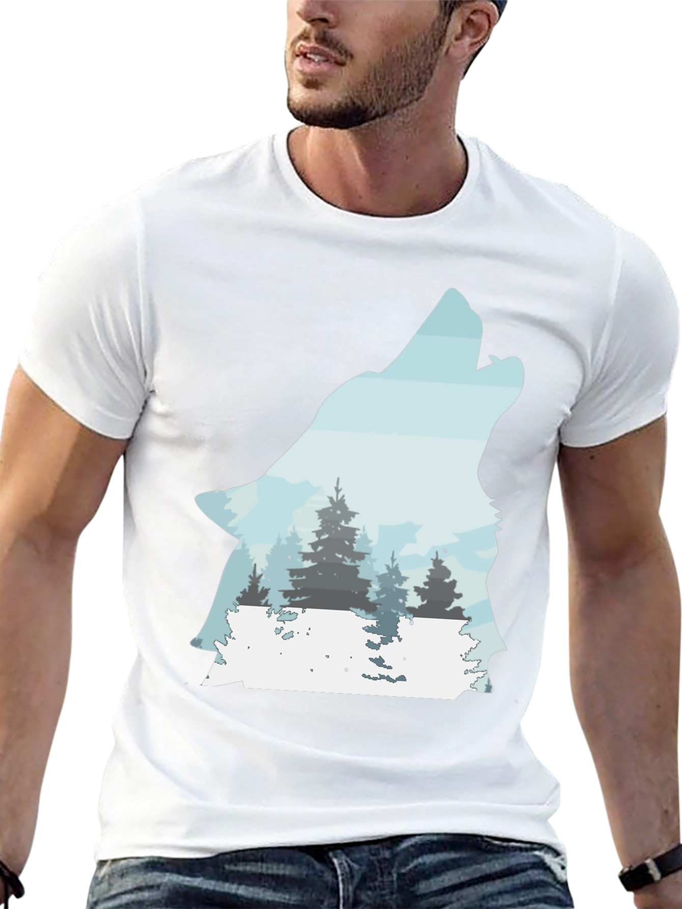 Camiseta Negra con Diseño de Lobo Aullando al Bosque