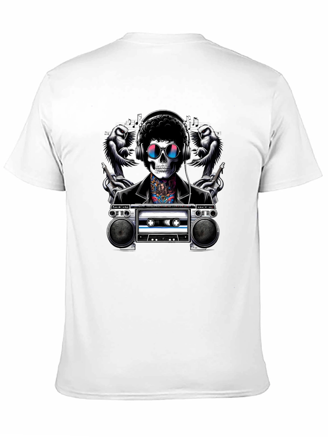 Camiseta negra con diseño de calavera musical retro