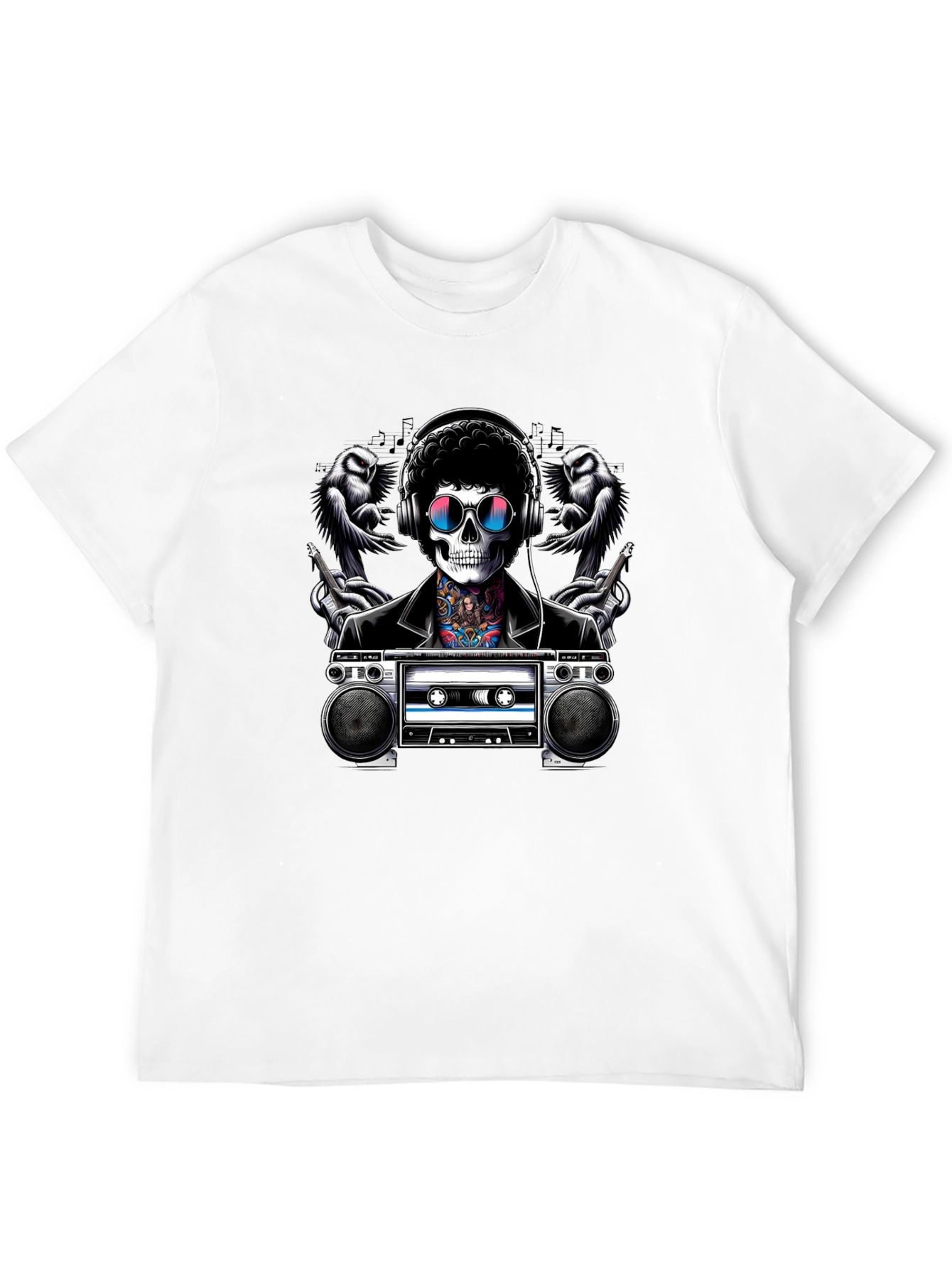 Camiseta negra con diseño de calavera musical retro