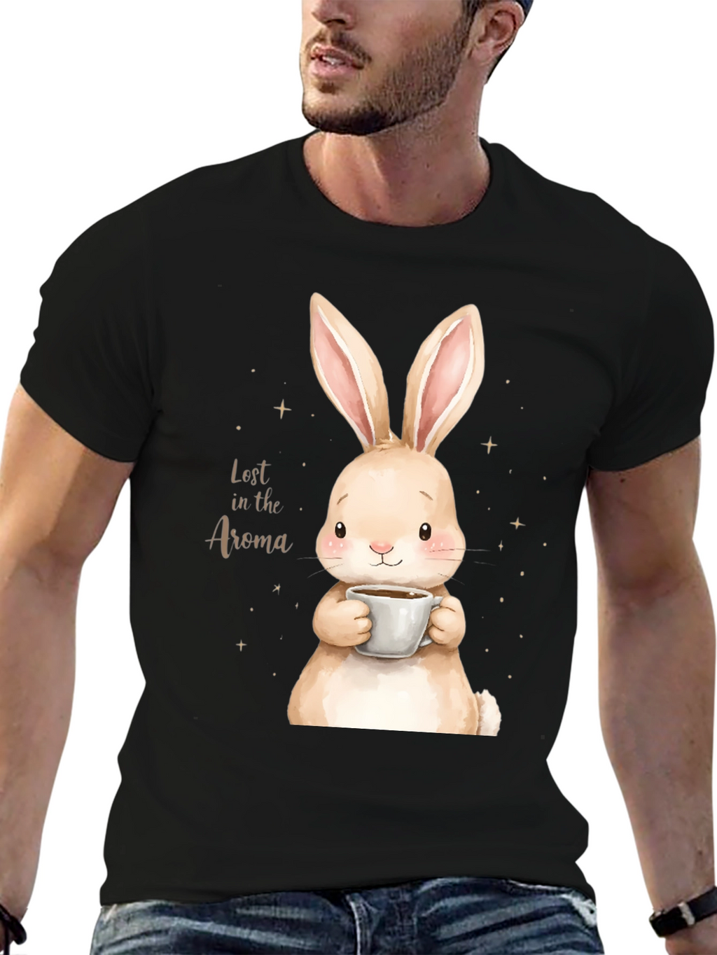 Camiseta Negra con Conejo y Café