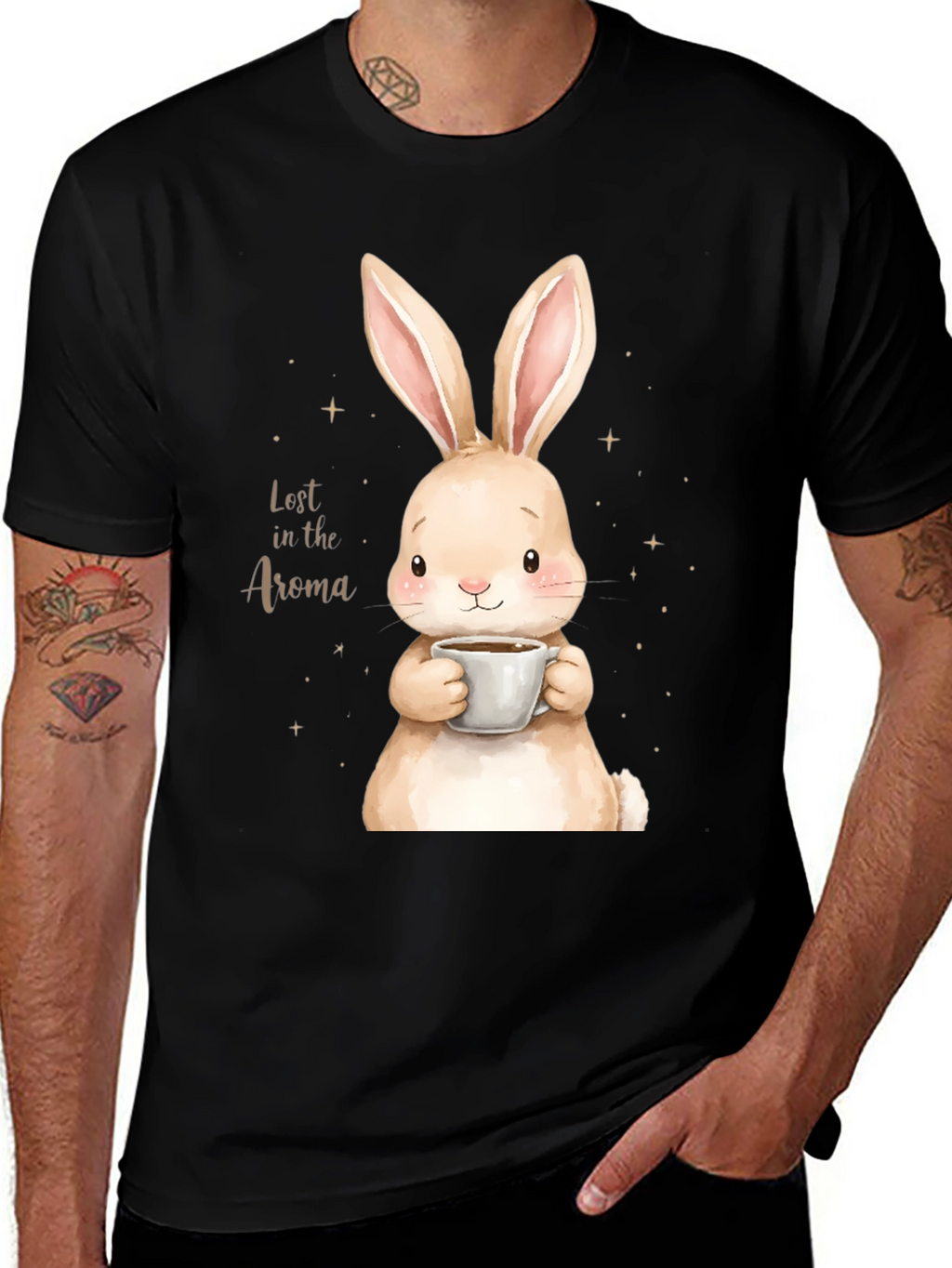 Camiseta Negra con Conejo y Café