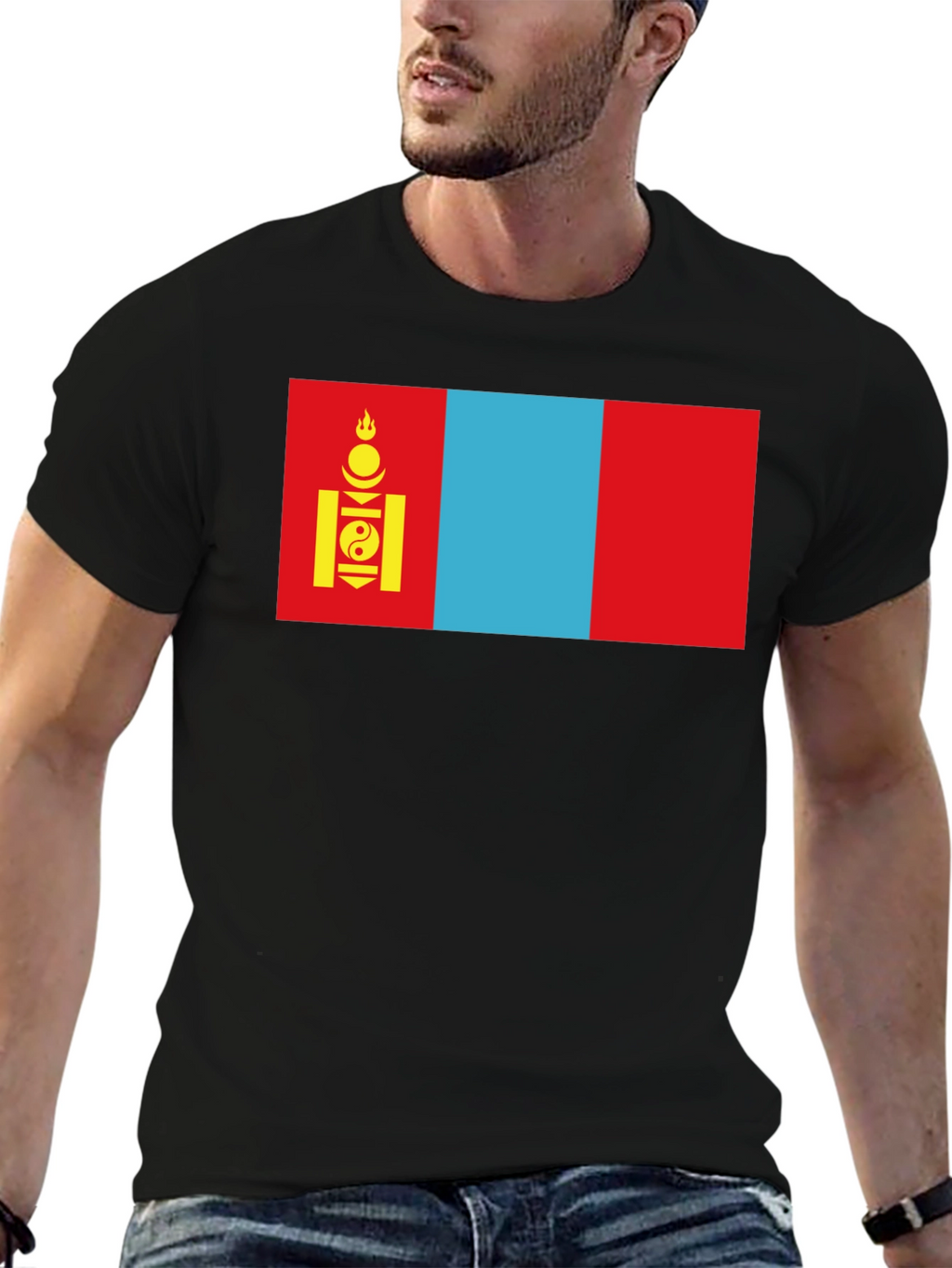 Camiseta Negra con Bandera de Mongolia
