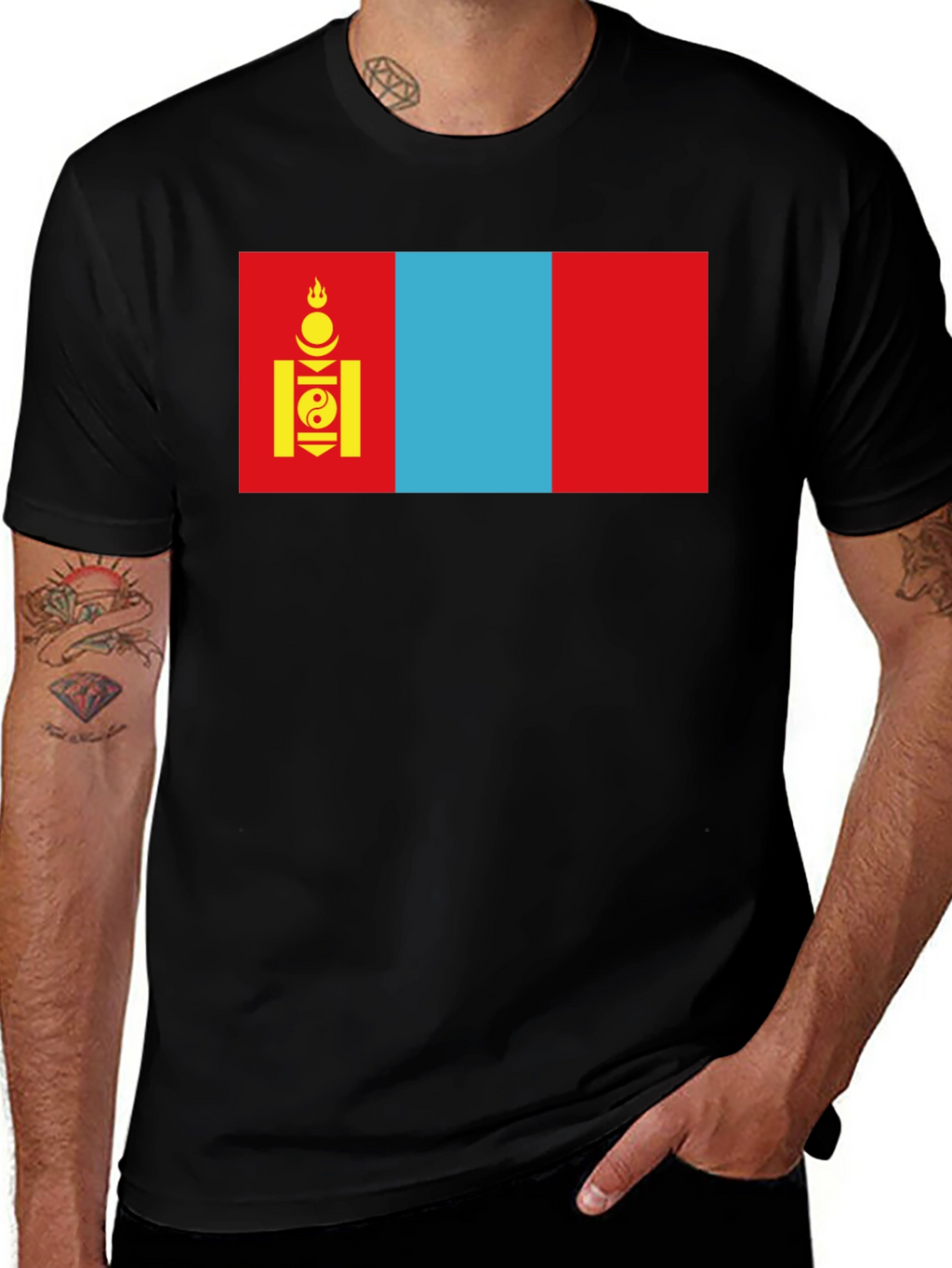 Camiseta Negra con Bandera de Mongolia