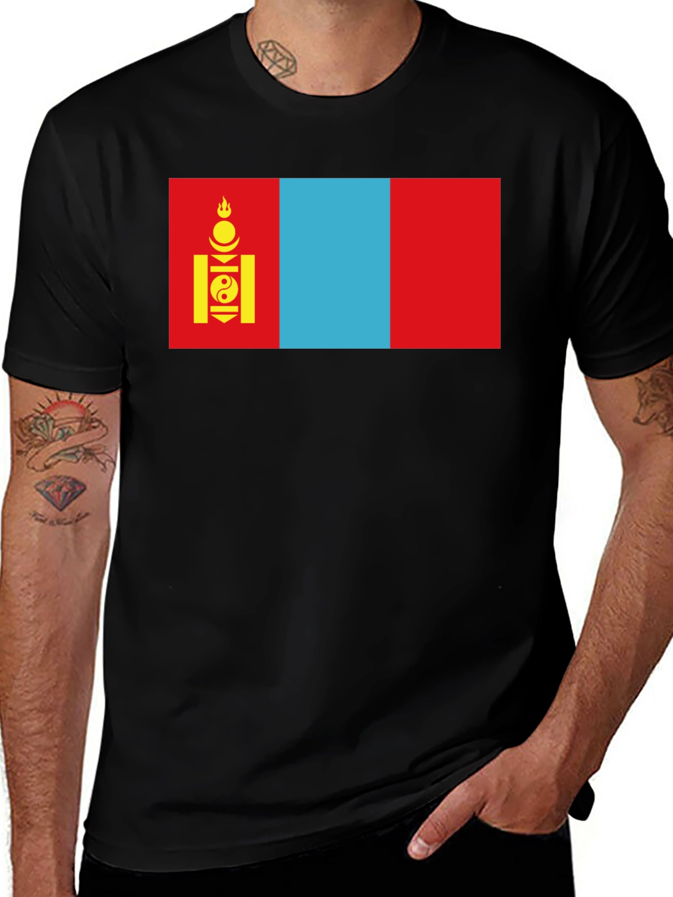 Camiseta Negra con Bandera de Mongolia