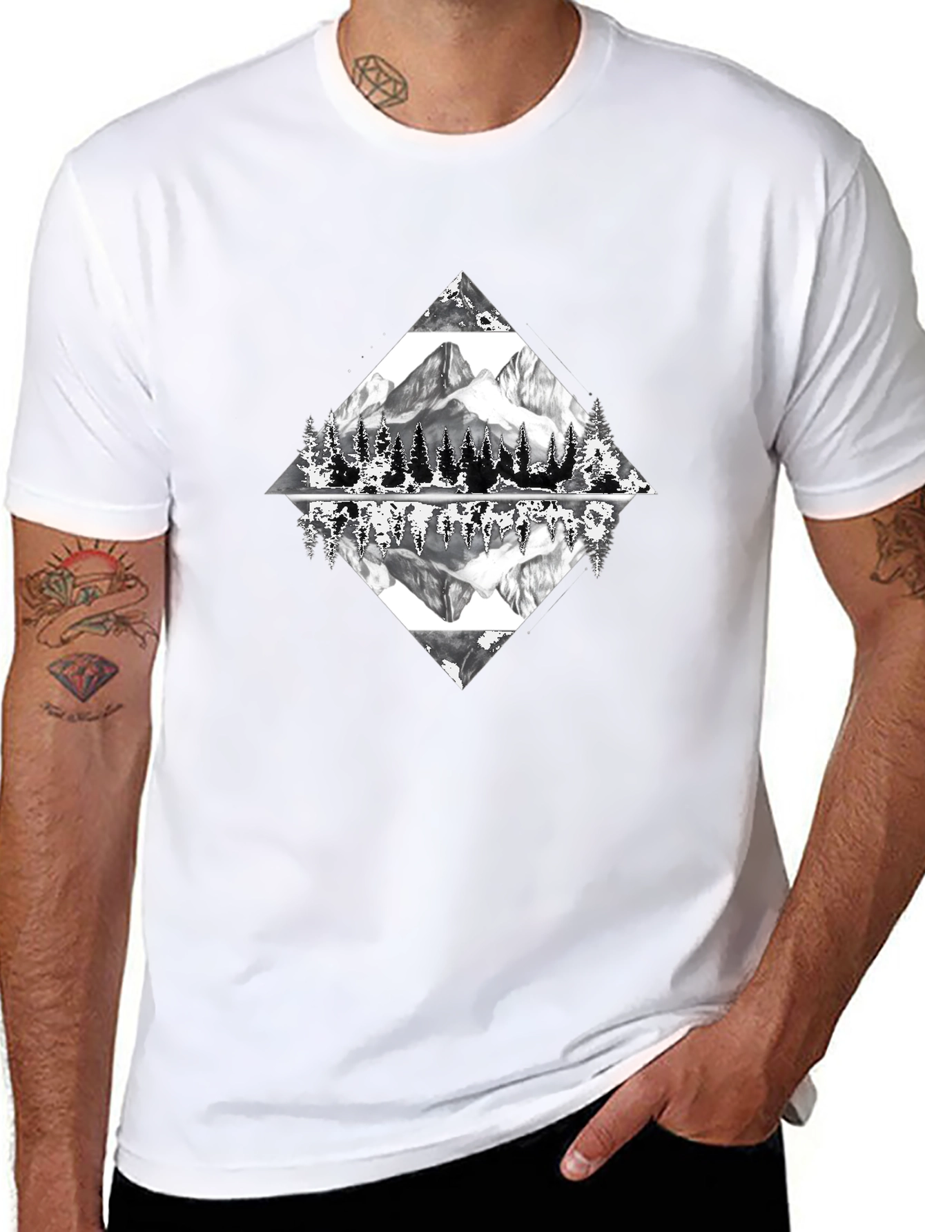 Camiseta Negra con Diseño de Montaña Reflejada