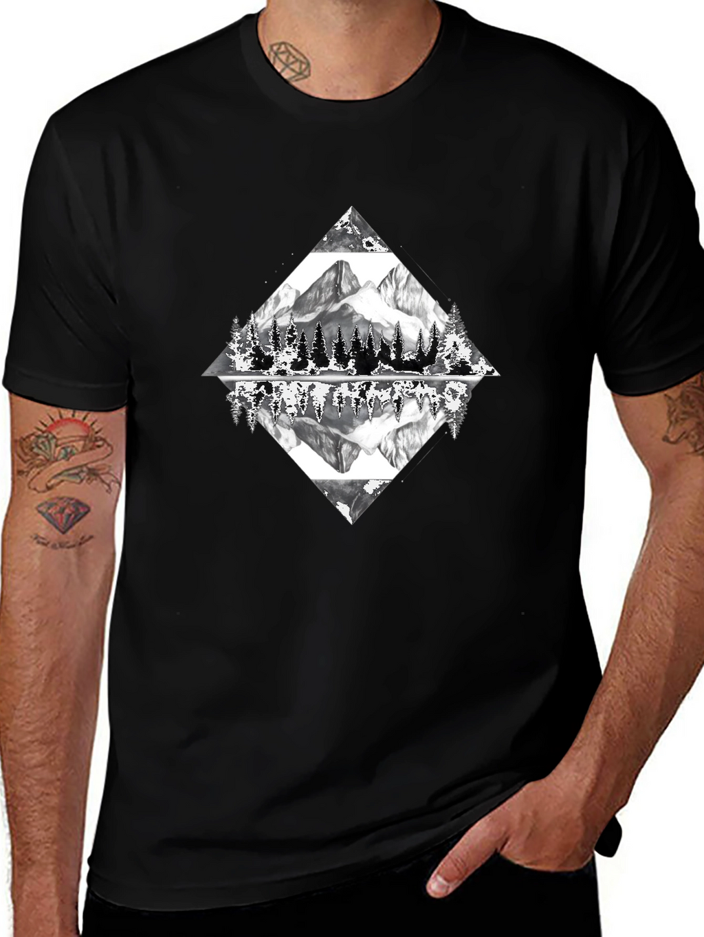 Camiseta Negra con Diseño de Montaña Reflejada