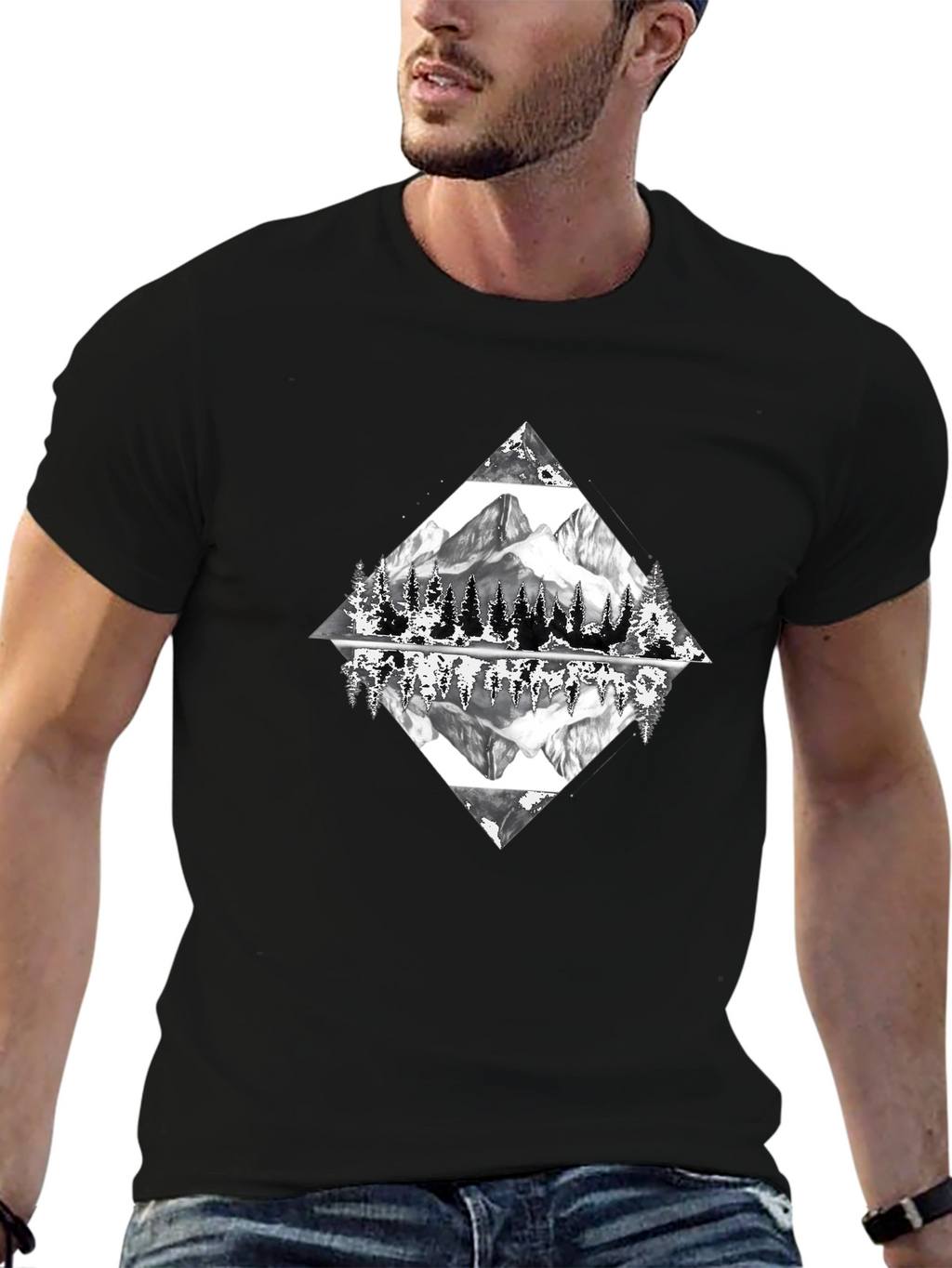 Camiseta Negra con Diseño de Montaña Reflejada