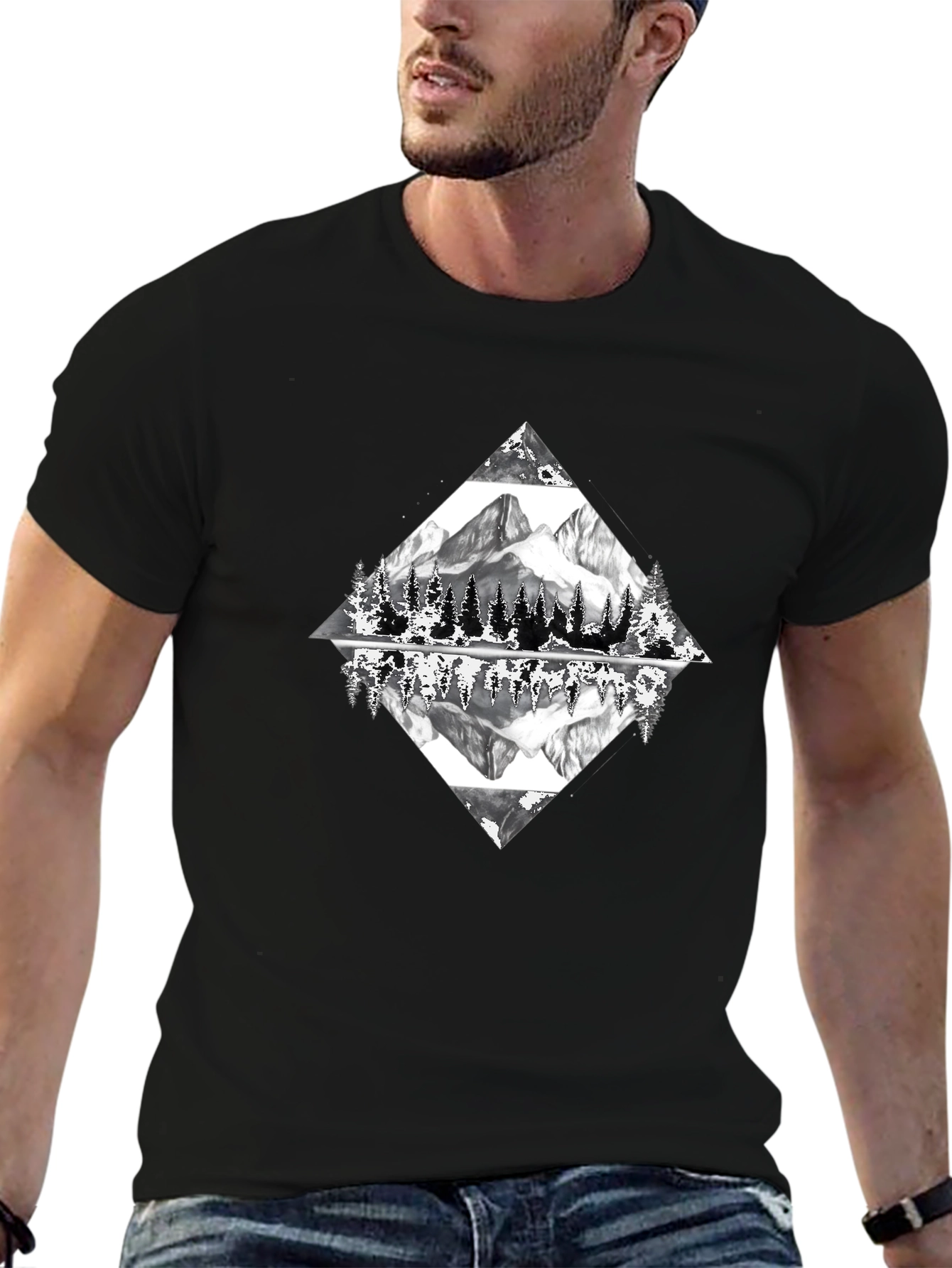 Camiseta Negra con Diseño de Montaña Reflejada