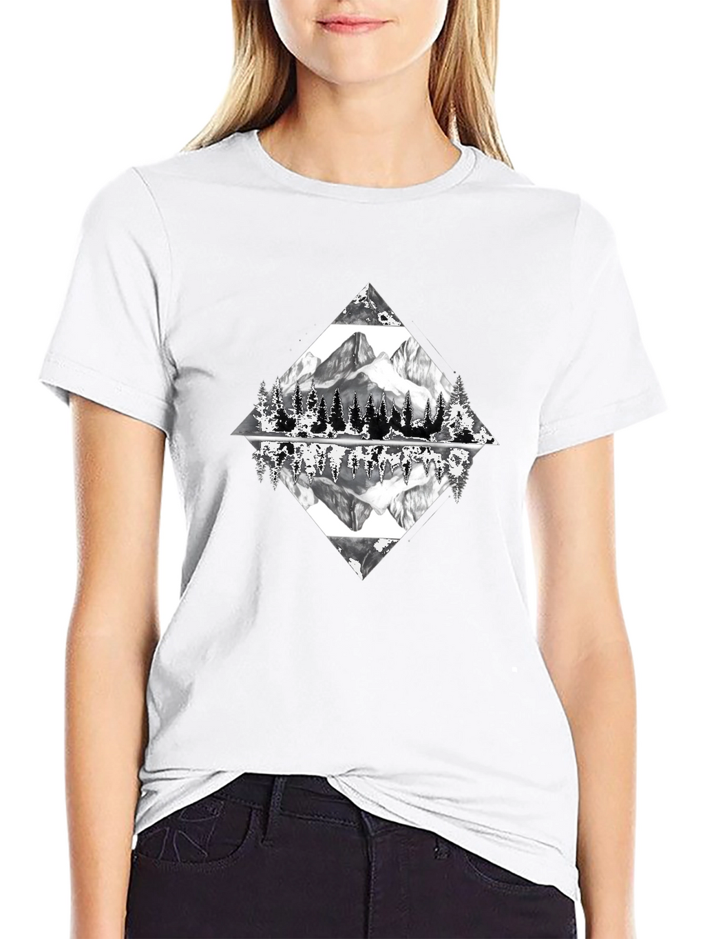 Camiseta Negra con Diseño de Montaña Reflejada