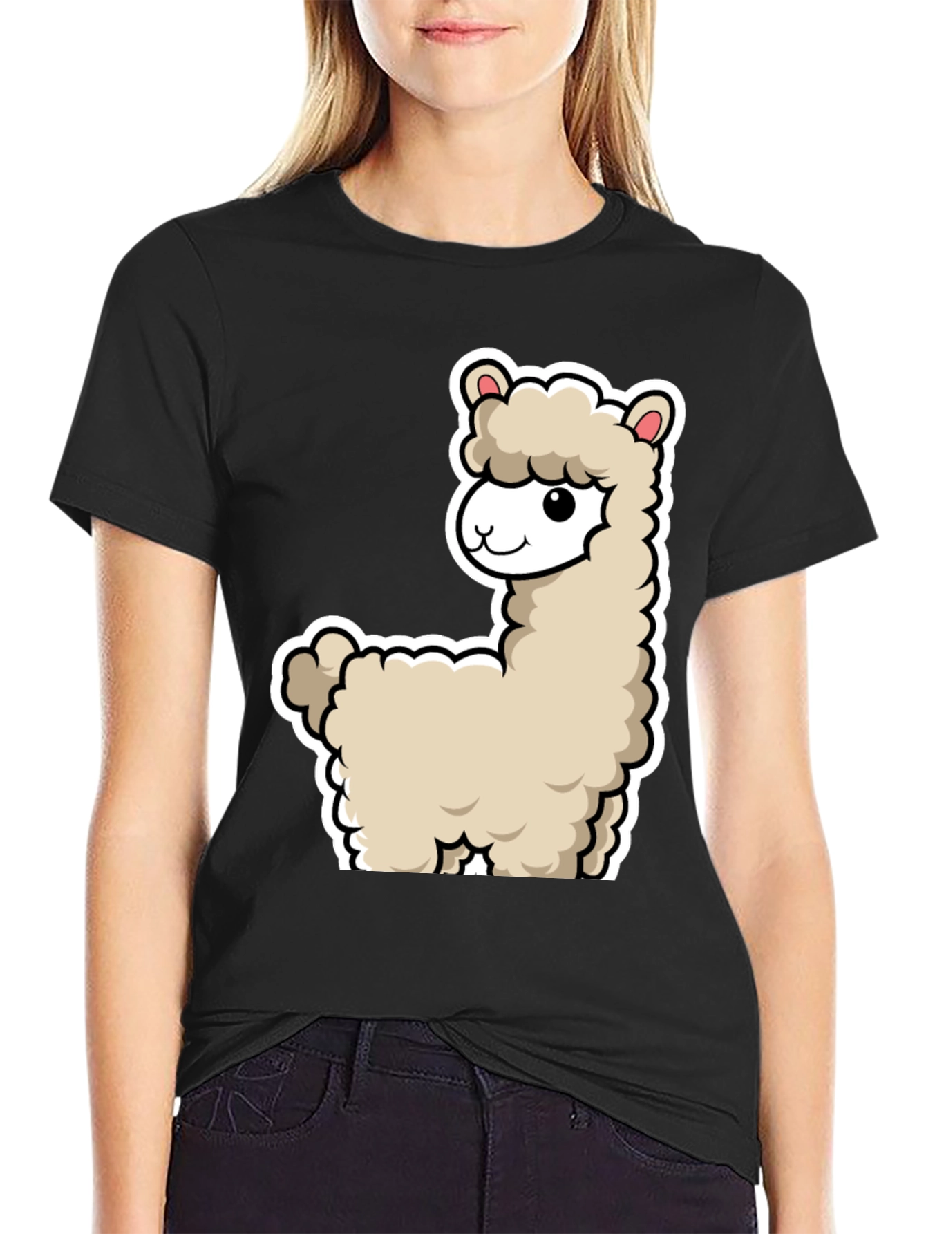 Camiseta Negra con Diseño de Llama Adorable